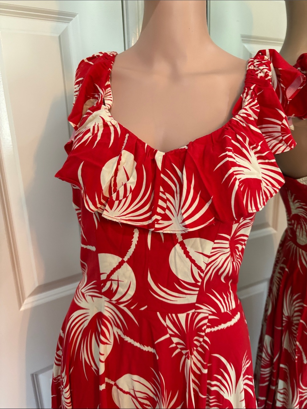 Trashy Diva Red and White Tropical Ruffle Midi Dress Rockabilly Pinup - Picture 3 of 7